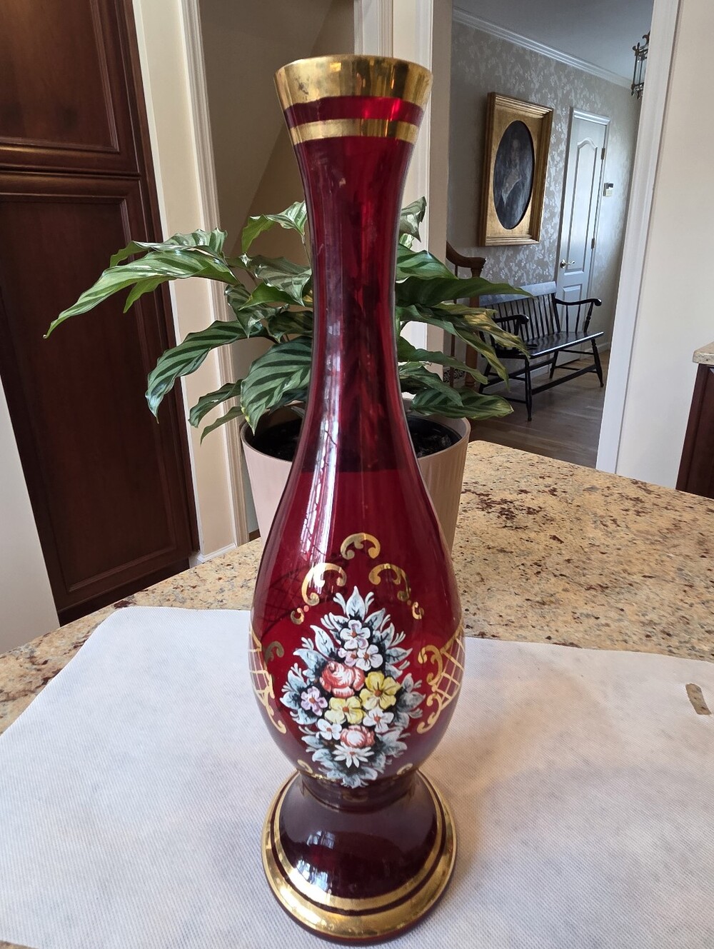 Bohemian Hand-Painted Red Glass Floral Vase with Gold Accents